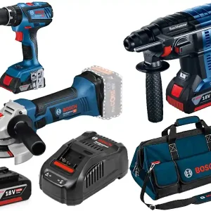 Bosch Kit martello, smerigliatrice e trapano con 3 batterie GBA 4ah, caricabatterie e borsone Direttamente Dal Produttore