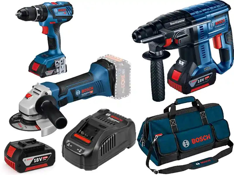 Bosch Kit martello, smerigliatrice e trapano con 3 batterie GBA 4ah, caricabatterie e borsone Direttamente Dal Produttore