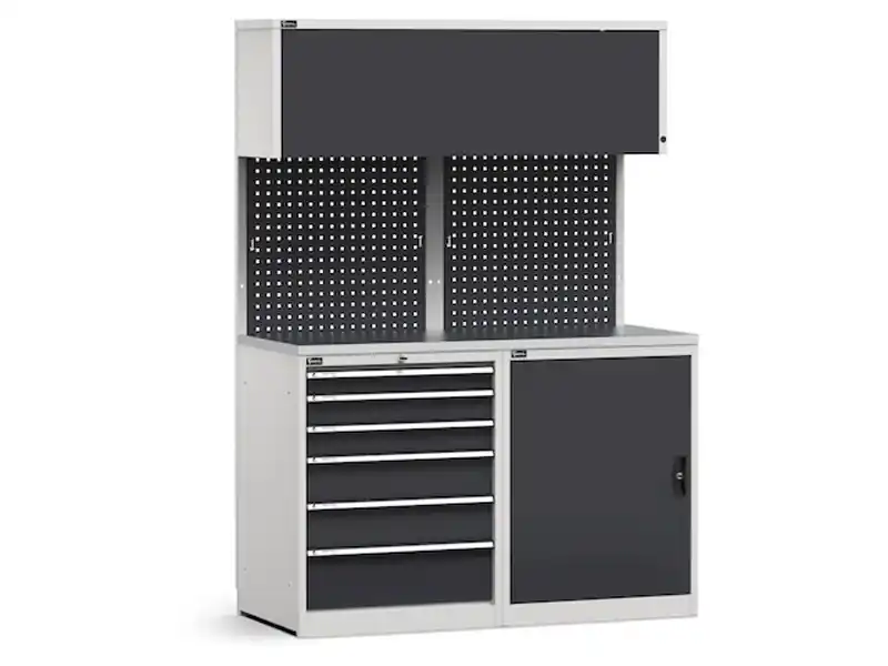 Arredo modulare Fami GARAGE024 con armadio, cassettiera e piano acciaio, 1428mm Economico