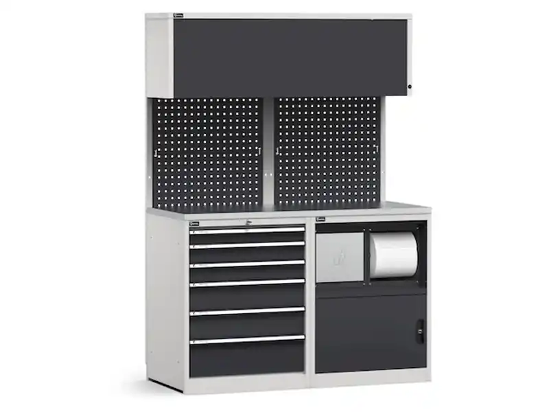 Arredo modulare Fami GARAGE028 piano acciaio con cassettiera e vano rifiuti, 1428mm Promozione