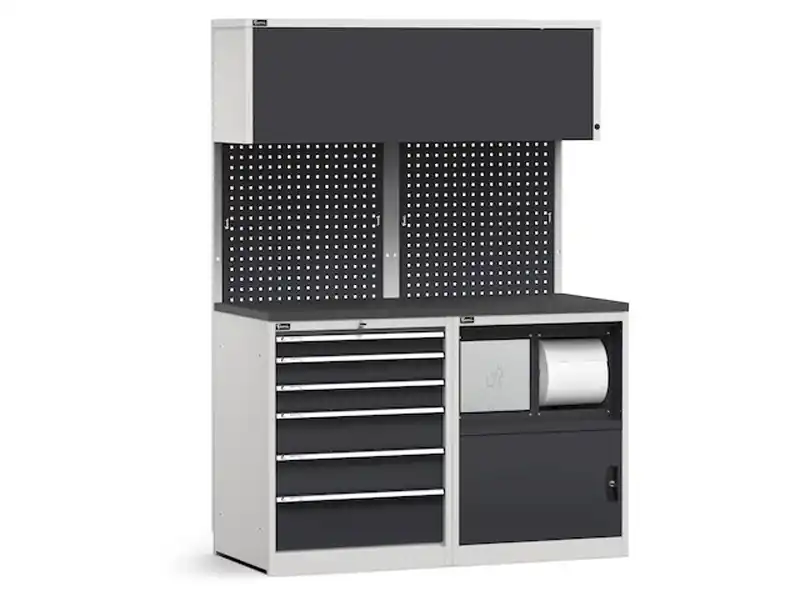 Compra Adesso Arredo modulare Fami GARAGE029 piano gommato con cassettiera e vano rifiuti, 1428mm
