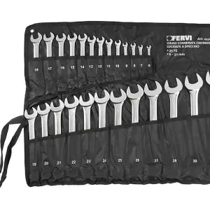 Serie 25 chiavi combinate Fervi 0208 finitura cromata lucidata a specchio in borsa avvolgibile, 6-32 Nuovo Arrivo