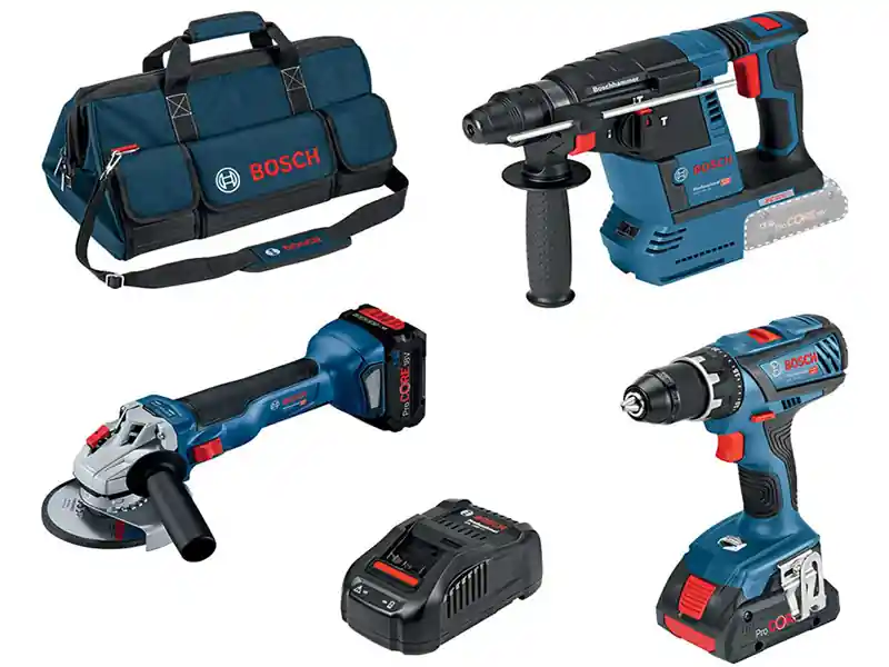 Compra Oggi Stesso Bosch Kit martello, smerigliatrice e trapano con 2 batterie ProCore 18V, caricabatterie e borsone