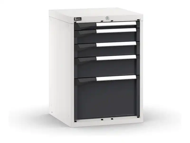 Promozione Esclusiva Cassettiera da banco Fami Master bicolore a 5 cassetti ad estrazione regolabile 561x573x800mm