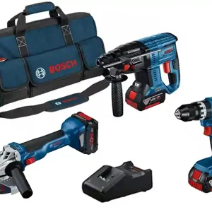 Bosch Kit trapano, smerigliatrice e perforatore con 3 batterie, caricabatterie e borsa Prezzo Basso