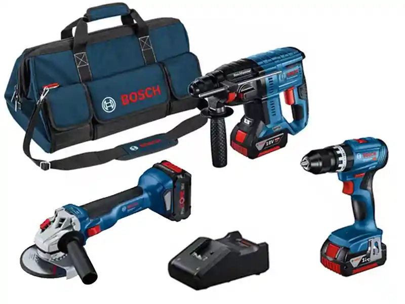 Bosch Kit trapano, smerigliatrice e perforatore con 3 batterie, caricabatterie e borsa Prezzo Basso