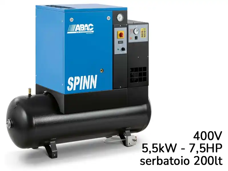 Offerta Speciale Compressore elettropneumatico ABAC Spinn E 5,5 400V su serbatoio 200 lt ed essiccatore, 8-10bar