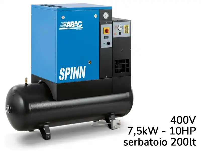 Compressore elettropneumatico ABAC Spinn E 7,5 400V su serbatoio 200 lt ed essiccatore, 8-10bar Prezzo Ridotto