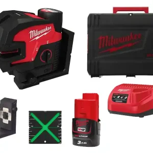 Di Tendenza Livella laser Milwaukee M12 CLL4P a raggio verde con 2 linee con 4 punti piombo, portata 38 metri