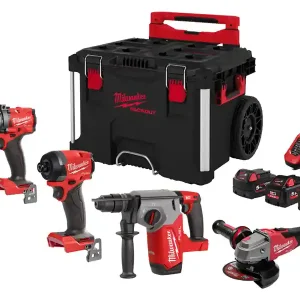 Promo Stagionale Kit Milwaukee 18V Trapano FPD3 + Avvitatore FID3 + Tassellatore FHX + Smerigliatrice FSA125BX