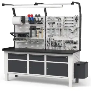 Acquista Ora Banco da lavoro regolabile Fami WORK2042 230cm piano acciaio, 3 armadi, 3 cassetti, parete forata
