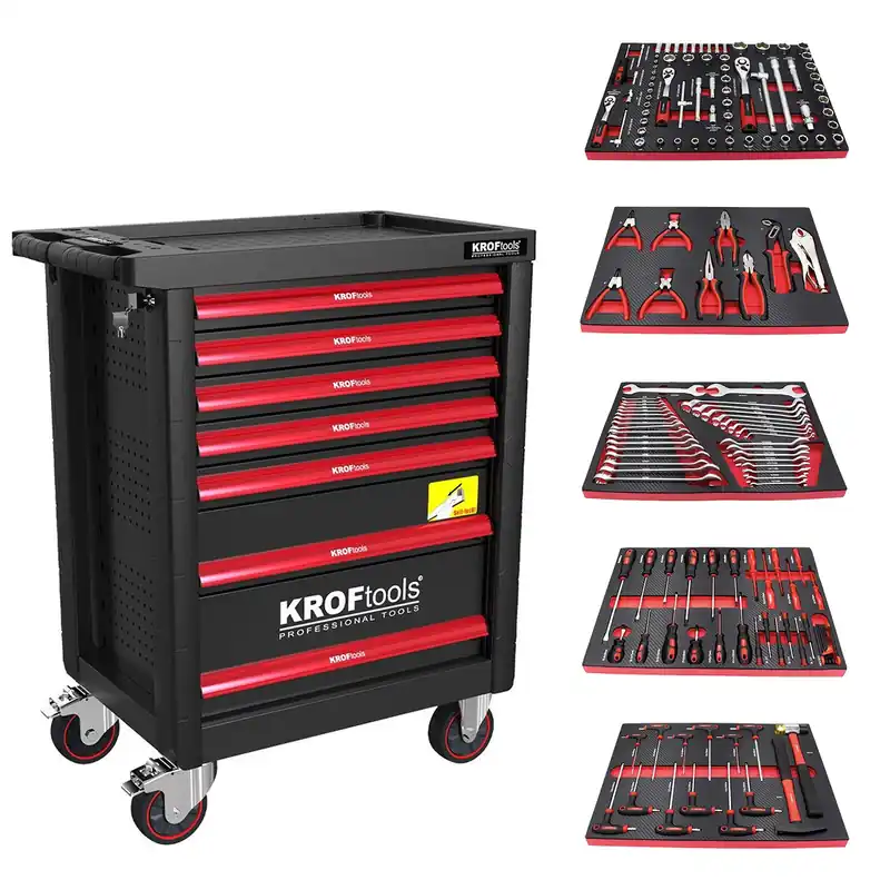 Prezzo Basso Carrello portautensili con attrezzi - 7 cassetti, 160 pezzi KrofTools