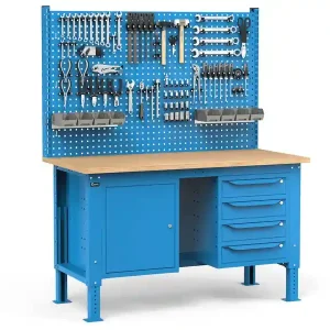 Affare Banco da lavoro regolabile Fami WORK1537 150cm, piano legno, 4 cassetti, armadio e parete forata