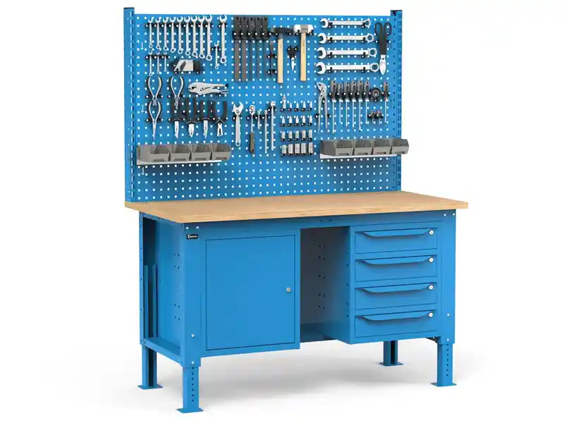 Affare Banco da lavoro regolabile Fami WORK1537 150cm, piano legno, 4 cassetti, armadio e parete forata