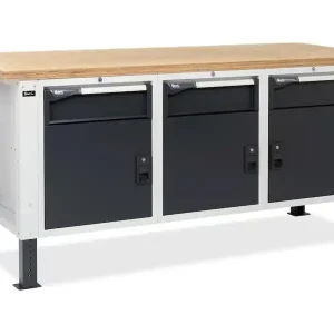 Acquista Ora Banco da lavoro regolabile Fami Master BR 200cm piano in legno e 3 armadi con cassetto e porta