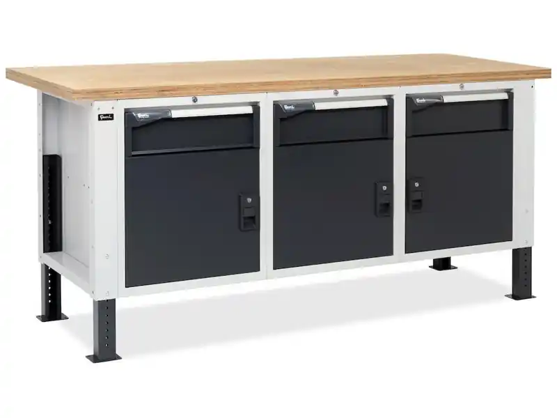 Acquista Ora Banco da lavoro regolabile Fami Master BR 200cm piano in legno e 3 armadi con cassetto e porta