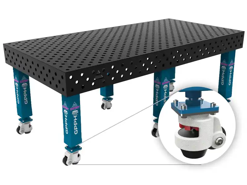 Banco per saldatura con ruote SteelExpert GPPH 2,4x1,2mt spessore 25mm, fori 28mm griglia diagonale Esclusivo