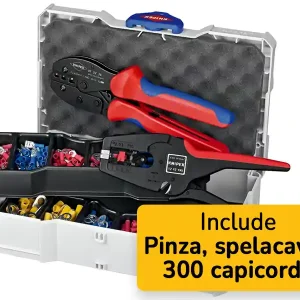 Promo Stagionale Knipex cassetta con pinza PreciForce, spelatrice MultiStrip 10 ed assortimento 300 capicorda