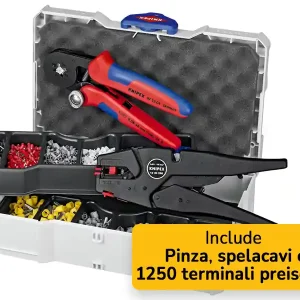 Promozione Knipex cassetta con crimpatrice, spelatrice ed assortimento 1250 terminali a bussola preisolati