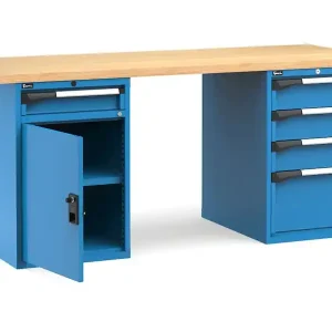 A Buon Prezzo Banco da lavoro Fami Master 200cm blu con piano in legno, porta e 5 cassetti