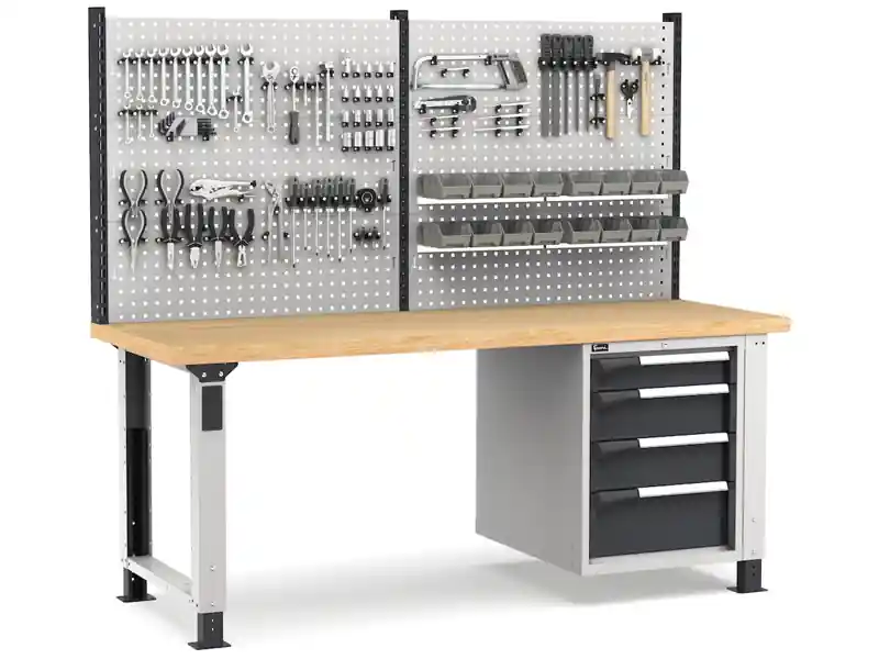 Vendita Finale Banco da lavoro regolabile Fami Master 200cm grigio con parete attrezzata e 4 cassetti