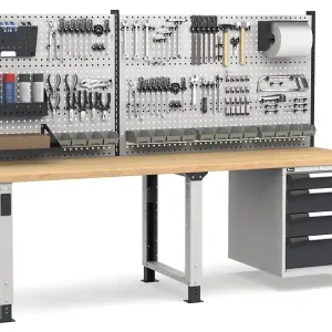 Acquista Ora Banco da lavoro regolabile Fami Master 250cm grigio con parete attrezzata e 4 cassetti