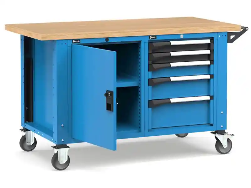 A Buon Prezzo Banco da lavoro regolabile Fami Master 150cm blu con ruote, armadio e 5 cassetti