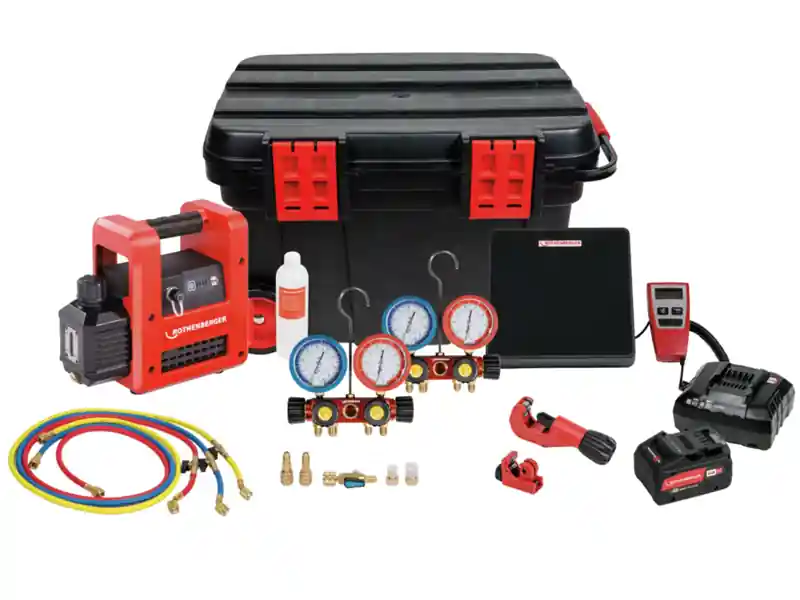 Nuova Collezione Rothenberger pompa per vuoto e carica condizionatori Rocaddy 120 R32 CL analogico in Set