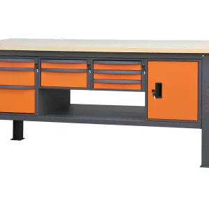 A Buon Prezzo Banco da lavoro Beta C58BC-W 8CA/O 210cm bicolore con piano in legno, 8 cassetti e armadio