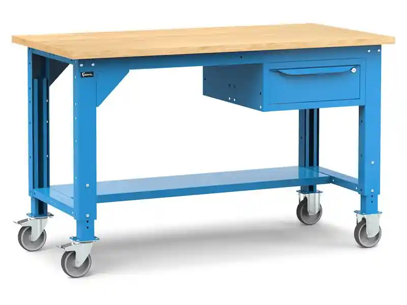 Banco da lavoro Fami Work 150cm blu con ruote, piano in legno e cassetto Bestseller