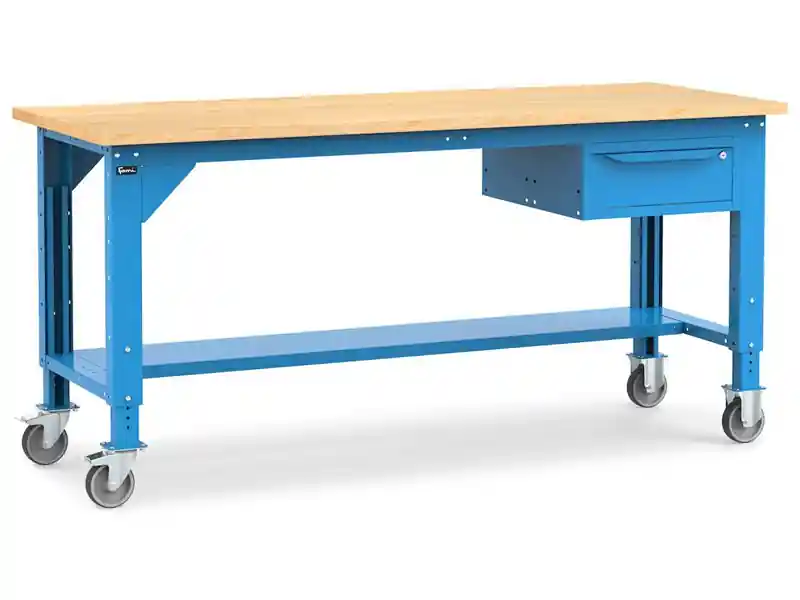 Saldi Banco da lavoro Fami Work 200cm blu con ruote, piano in legno e cassetto
