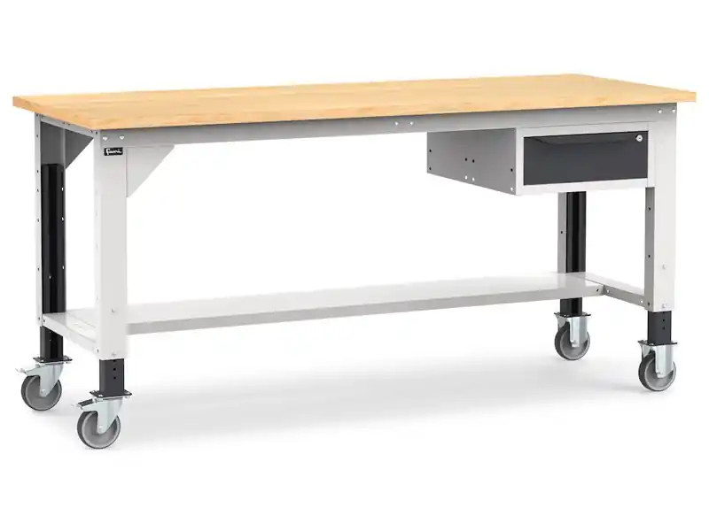 Spedizione Espresso Banco da lavoro Fami Work 200cm grigio con ruote, piano in legno e cassetto