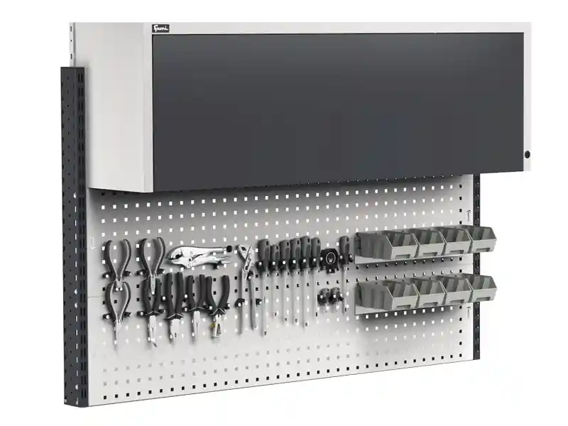 Parete attrezzata Fami Work Look 1500x373x1063mm grigio con pensile, 8 contenitori e 60 ganci Offerta Limitata