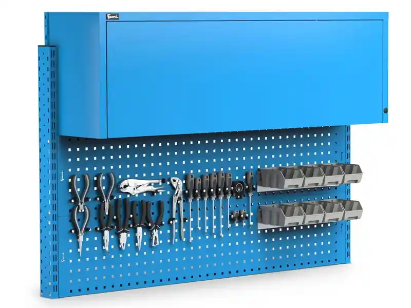 Parete attrezzata Fami Work Look 1500x373x1063mm blu con pensile, 8 contenitori e 60 ganci Novità