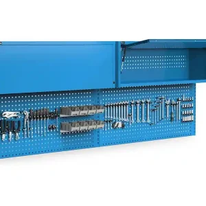 Ultimissimo Modello Parete attrezzata Fami Work Look 2970x373x1063mm blu con 2 pensili, 8 contenitori e 150 ganci