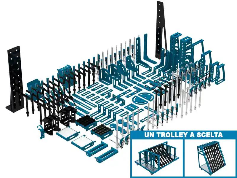 Compra Adesso Accessori di serraggio 190 pezzi per tavoli saldatura SteelExpert GPPH, fori 28mm con trolley