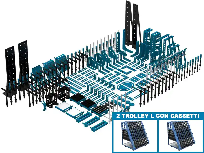 Reso Gratuito Accessori di serraggio 252 pezzi per tavoli saldatura SteelMax GPPH, fori 28mm con 2 trolley L