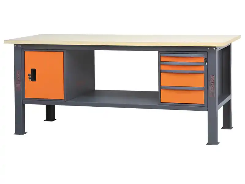 Banco da lavoro Beta C58BC-W 4CA/O 210cm bicolore con piano in legno, 4 cassetti e armadio Ordina Subito