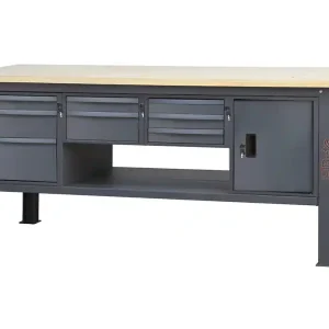 Banco da lavoro Beta C58BC-W 8CA/A 210cm antracite con piano in legno, 8 cassetti e armadio Ultime Pezzi