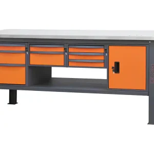 Banco da lavoro Beta C58BC-X 8CA/O 210cm bicolore con piano in acciaio inox, 8 cassetti e armadio Promozione