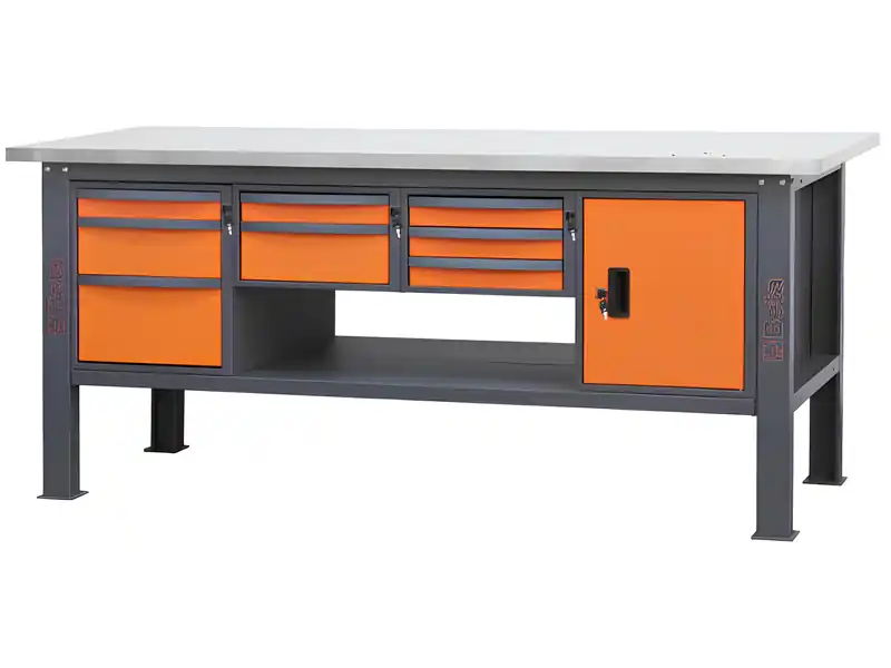 Banco da lavoro Beta C58BC-X 8CA/O 210cm bicolore con piano in acciaio inox, 8 cassetti e armadio Promozione