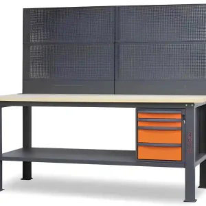 Banco da lavoro Beta C58BC-W2,1 4C/O 210cm bicolore, piano in legno, 4 cassetti e parete attrezzata Spedito Oggi