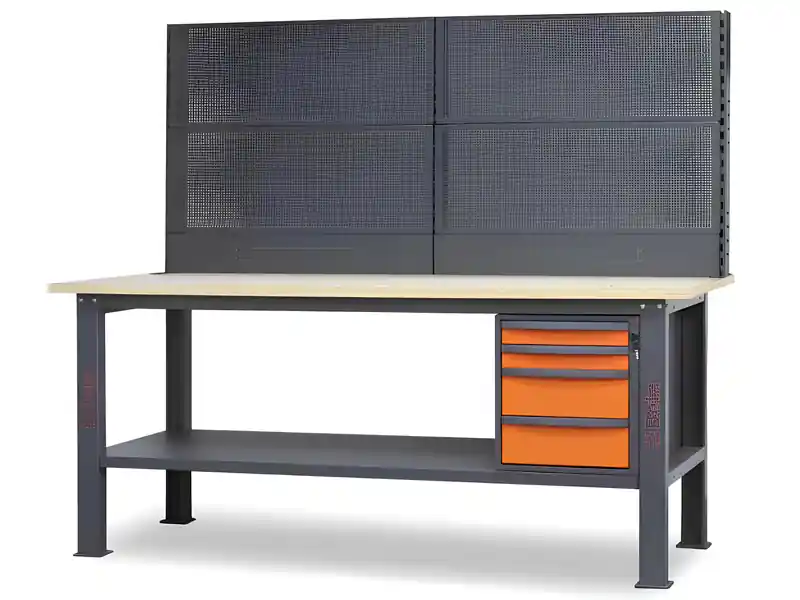 Banco da lavoro Beta C58BC-W2,1 4C/O 210cm bicolore, piano in legno, 4 cassetti e parete attrezzata Spedito Oggi