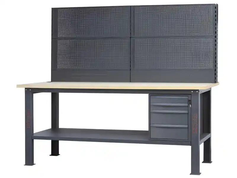 Bestseller Banco da lavoro Beta C58BC-W2,1 4C/A 210cm antracite, piano in legno, 4 cassetti e parete attrezzata