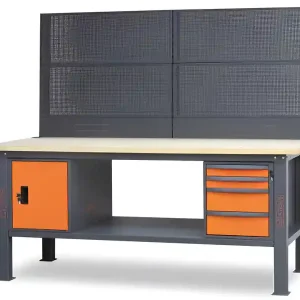 Banco da lavoro Beta C58BC-W2,1 4CA/O 210cm bicolore, piano legno, 4 cassetti, armadio e parete Prezzo Ridotto