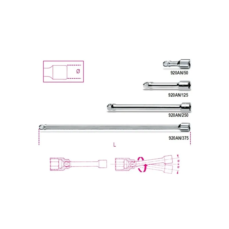 Non Perdere Prolunghe con attacchi quadri maschio e femmina 1/2" angolari, cromate - Beta 920AN