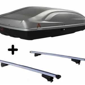 Vendita Finale Set BOX tetto con Barre per SEAT ATECA dal 2016 in poi capiente 240 Litri in Grigio lucido con Chiave Barre 127 CM c/Serratura