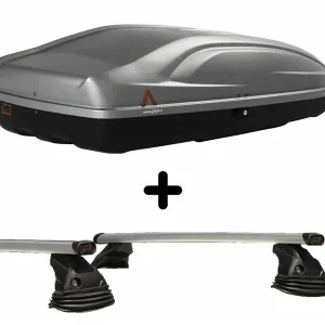 Vendita Finale Set Baule tetto + Barre per KIA SHUMA dal 1998 in poi capiente 240 Litri in Grigio lucido con Chiave Barre 110 CM c/Kit Attacchi